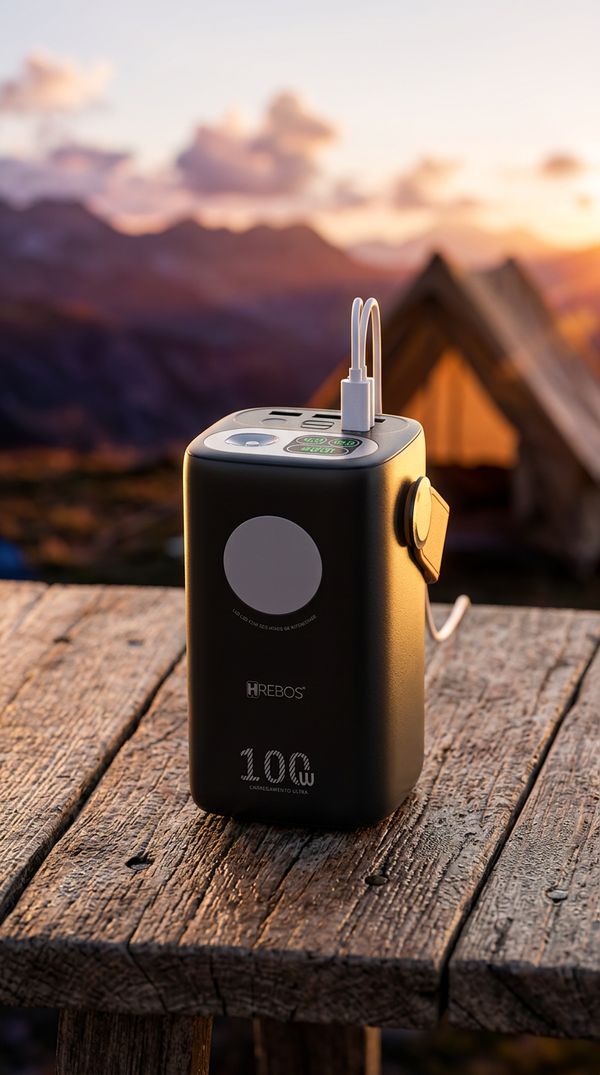 Power bank com cabos ligados ao lado de uma barraca