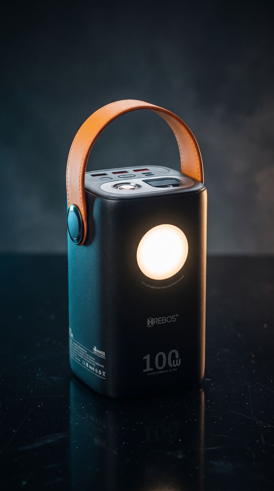 Power Bank Titan 60.000 mAh com a lanterna acesa e alça de couro